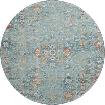 8' Blue Orange And Gold Floral Medallion Washable Round Rug With UV Protection