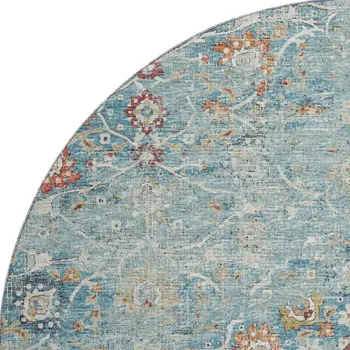8' Blue Orange And Gold Floral Medallion Washable Round Rug With UV Protection
