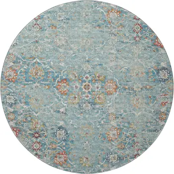 8' Blue Orange And Gold Floral Medallion Washable Round Rug With UV Protection