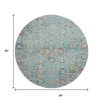 8' Blue Orange And Gold Floral Medallion Washable Round Rug With UV Protection