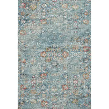 8' X 10' Blue Orange And Gold Floral Medallion Washable Area Rug With UV Protection