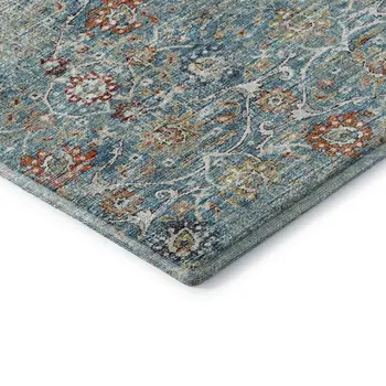 8' X 10' Blue Orange And Gold Floral Medallion Washable Area Rug With UV Protection