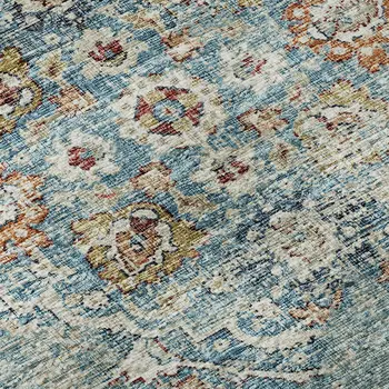 8' X 10' Blue Orange And Gold Floral Medallion Washable Area Rug With UV Protection