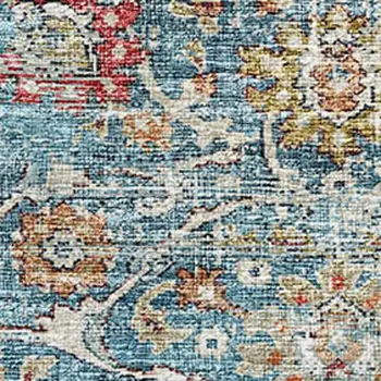 8' X 10' Blue Orange And Gold Floral Medallion Washable Area Rug With UV Protection