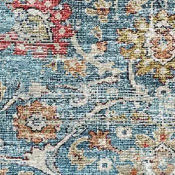 9' X 12' Blue Orange And Gold Floral Medallion Washable Area Rug With UV Protection