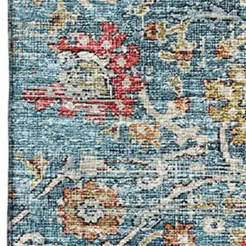 10' X 14' Blue Orange And Gold Floral Medallion Washable Area Rug With UV Protection