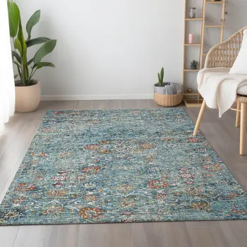 10' X 14' Blue Orange And Gold Floral Medallion Washable Area Rug With UV Protection