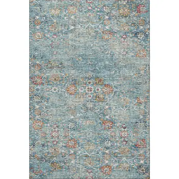 10' X 14' Blue Orange And Gold Floral Medallion Washable Area Rug With UV Protection