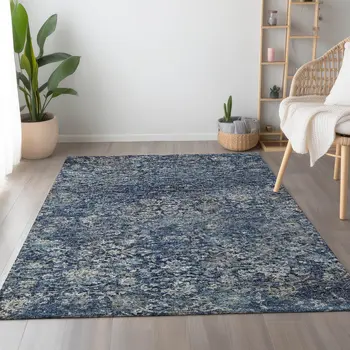 5' X 8' Blue And Gray Floral Medallion Washable Area Rug With UV Protection