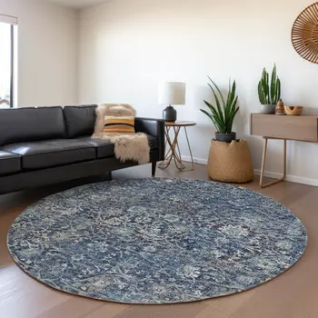 8' Blue And Gray Floral Medallion Washable Round Rug With UV Protection