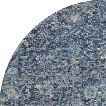 8' Blue And Gray Floral Medallion Washable Round Rug With UV Protection