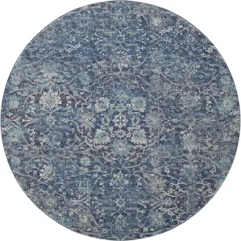 8' Blue And Gray Floral Medallion Washable Round Rug With UV Protection