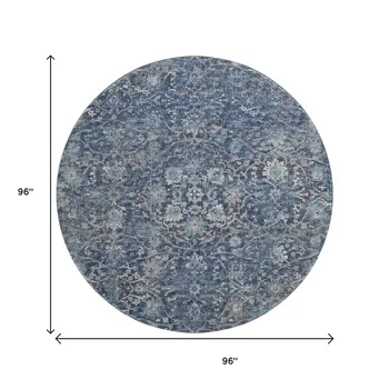 8' Blue And Gray Floral Medallion Washable Round Rug With UV Protection