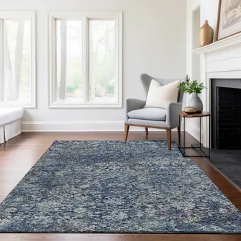 8' X 10' Blue And Gray Floral Medallion Washable Area Rug With UV Protection
