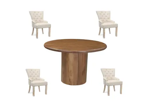Five Piece Brown Round Solid Wood Dining Set with Four Chairs