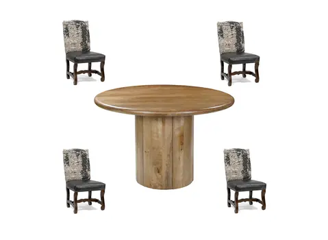 Five Piece Brown Round Solid Wood Dining Set with Four Chairs