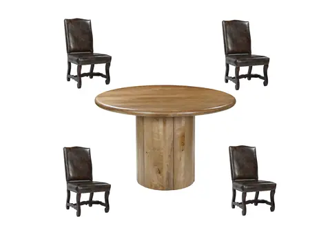 Five Piece Brown Round Solid Wood Dining Set with Four Chairs