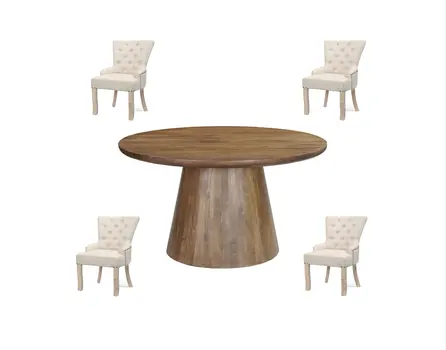 Five Piece Brown Round Solid Wood Dining Set with Four Chairs
