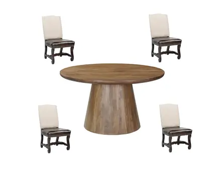 Five Piece Brown Round Solid Wood Dining Set with Four Chairs