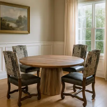Five Piece Brown Round Solid Wood Dining Set with Four Chairs