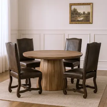 Five Piece Brown Round Solid Wood Dining Set with Four Chairs
