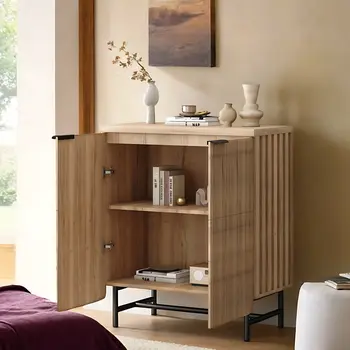 35" Oak Wood Textured Door Accent Cabinet With Two Doors