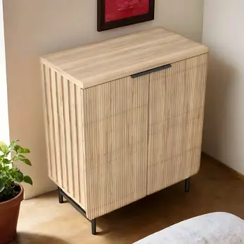 35" Oak Wood Textured Door Accent Cabinet With Two Doors