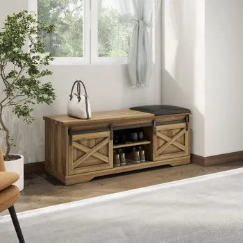 47" Black and Natural Faux Leather And Wood Bench With Shoe Storage And Shelves
