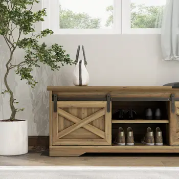 47" Black and Natural Faux Leather And Wood Bench With Shoe Storage And Shelves