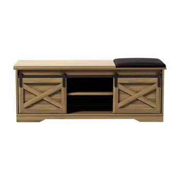 47" Black and Natural Faux Leather And Wood Bench With Shoe Storage And Shelves