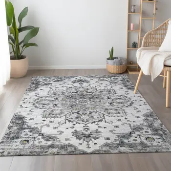 3' X 5' Light Gray Ivory And Gold Floral Medallion Washable Area Rug With UV Protection