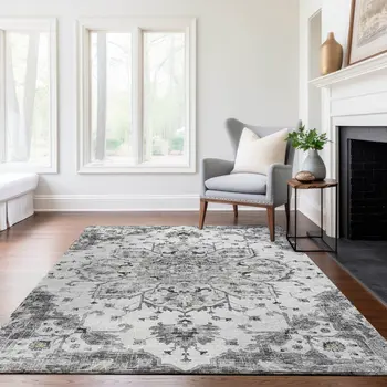 3' X 5' Light Gray Ivory And Gold Floral Medallion Washable Area Rug With UV Protection