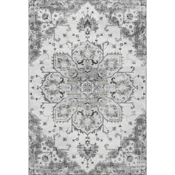 3' X 5' Light Gray Ivory And Gold Floral Medallion Washable Area Rug With UV Protection