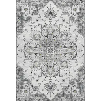 5' X 8' Light Gray Ivory And Gold Floral Medallion Washable Area Rug With UV Protection