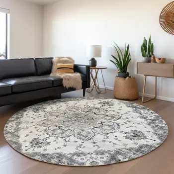 8' Light Gray Ivory And Gold Floral Medallion Washable Round Rug With UV Protection
