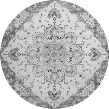 8' Light Gray Ivory And Gold Floral Medallion Washable Round Rug With UV Protection