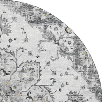 8' Light Gray Ivory And Gold Floral Medallion Washable Round Rug With UV Protection