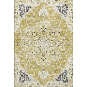 5' X 8' Gold Ivory And Blue Floral Medallion Washable Area Rug With UV Protection