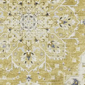 5' X 8' Gold Ivory And Blue Floral Medallion Washable Area Rug With UV Protection
