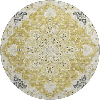 8' Gold Ivory And Blue Floral Medallion Washable Round Rug With UV Protection