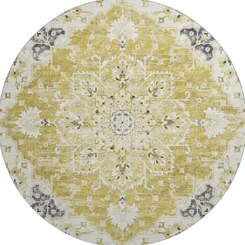 8' Gold Ivory And Blue Floral Medallion Washable Round Rug With UV Protection