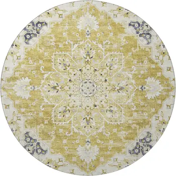8' Gold Ivory And Blue Floral Medallion Washable Round Rug With UV Protection