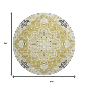 8' Gold Ivory And Blue Floral Medallion Washable Round Rug With UV Protection