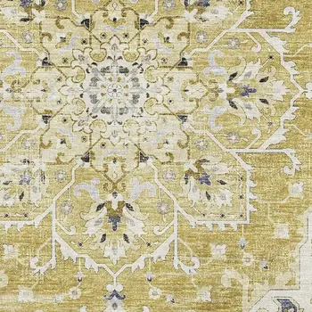 8' X 10' Gold Ivory And Blue Floral Medallion Washable Area Rug With UV Protection