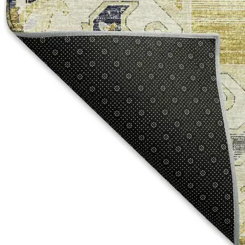9' X 12' Gold Ivory And Blue Floral Medallion Washable Area Rug With UV Protection