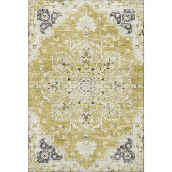 9' X 12' Gold Ivory And Blue Floral Medallion Washable Area Rug With UV Protection