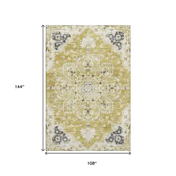 9' X 12' Gold Ivory And Blue Floral Medallion Washable Area Rug With UV Protection