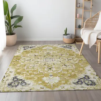 10' X 14' Gold Ivory And Blue Floral Medallion Washable Area Rug With UV Protection
