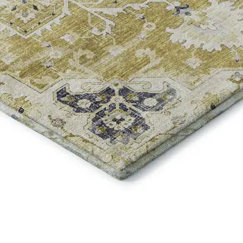 10' X 14' Gold Ivory And Blue Floral Medallion Washable Area Rug With UV Protection
