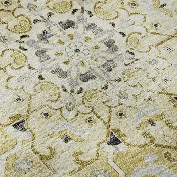 10' X 14' Gold Ivory And Blue Floral Medallion Washable Area Rug With UV Protection